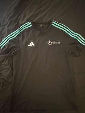 adidas Black Tee with Teal Shoulder Stripes and Logos